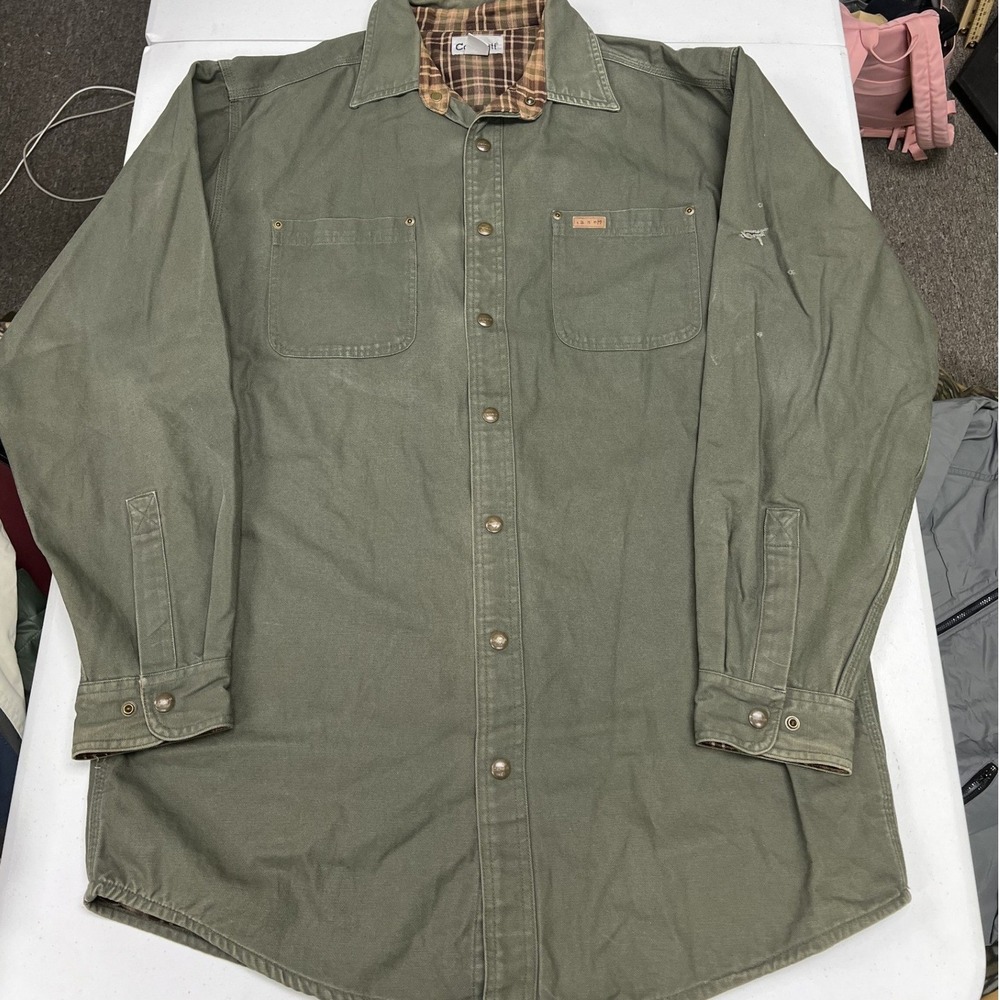 Carhartt Shirt Jacket Mens L Tall Green Plaid Lined Canvas Snap Front F2